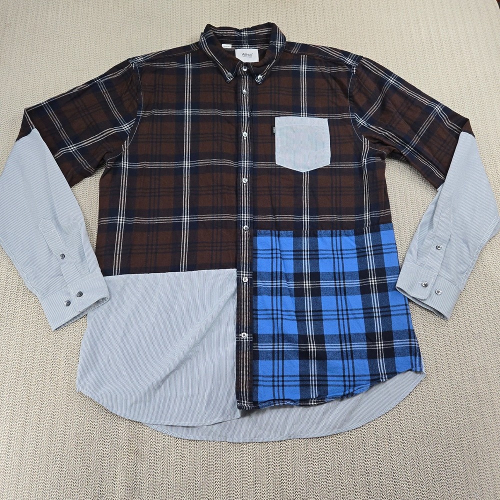 WeSC Shirt Mens Extra Large Blue Brown Plaid Colorblock Patchwork